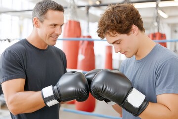 Boxing trainer assisting young athlete wearing boxing gloves in gym