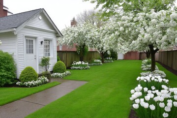 A peaceful backyard filled with fruit trees and garden beds