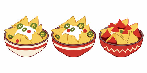 Delicious Nachos Bowls with Salsa Sour Cream and Jalapenos Cartoon Illustration