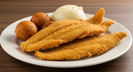 A Classic Plate Of Southern Fried Catfish With Hush Puppies And Side