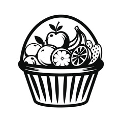 Monochrome Fruit Basket Apples, Oranges, Bananas, Strawberries and Citrus Slices