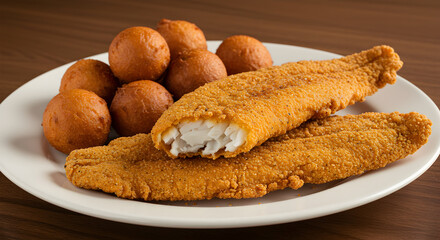 Classic Southern Fried Catfish With Hush Puppies On A White Plate