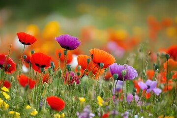 Naklejka premium A vibrant field of colorful poppies in full bloom with a soft blurred background creating a serene scene