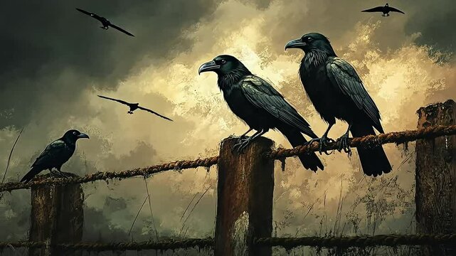 Three ravens perched on a rustic fence against a moody sky with flying birds in the background