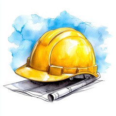 Yellow Hard Hat and Blueprints Watercolor Painting
