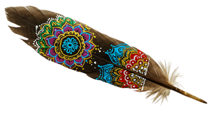 Ornate feather with intricate mandala designs painted in vibrant colors on a black background