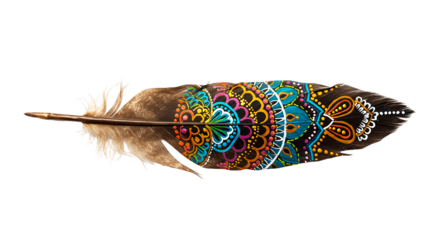 Close up of a feather with intricate colorful mandala style designs on a black background