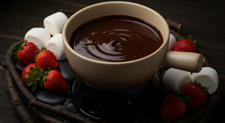 Elegant Dark Chocolate Fondue with Strawberries and Marshmallows Arrangement