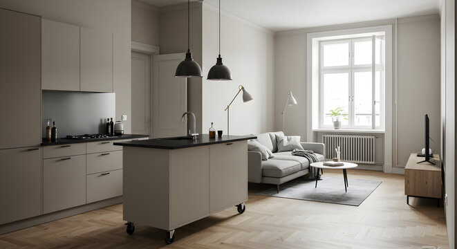 Modern Minimalist Studio Apartment Interior Design With Kitchen Island