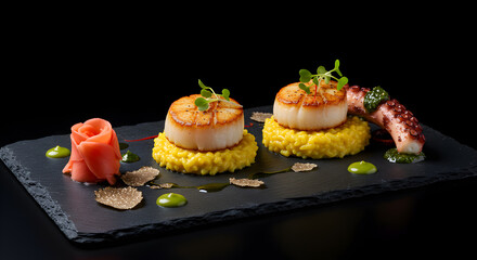 Exquisite Seared Scallops with Risotto and Octopus Gourmet Creation
