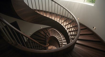Fototapeta premium Elegant Spiral Staircase Featuring Walnut Treads And Metal Balusters