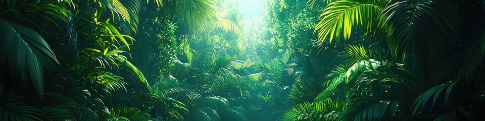 Lush green jungle path, sunlight filtering through dense canopy.  Deep greens and shadows create mystery
