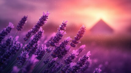 Obraz premium Lavender field blooms under a colorful sunset sky near a rustic farm in late afternoon light