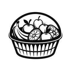 Monochrome Wicker Basket Full of Fresh Apples, Oranges, and Bananas Still Life