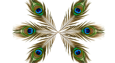 Obraz premium Symmetrical arrangement of peacock feathers on a black background creating a star like shape