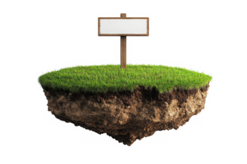 Floating island with grass and dirt and a blank sign on top of it