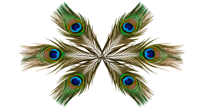 A symmetrical arrangement of six peacock feathers with iridescent blue eyes on a black background