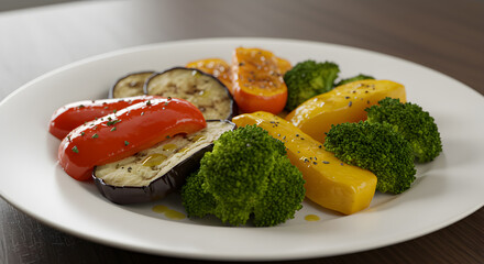 Beautifully Styled Grilled Vegetable Medley On White Plate Dinner