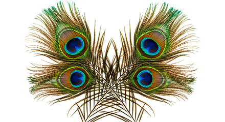 Obraz premium Symmetrical arrangement of four peacock feathers with iridescent eyespots on a black background