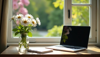 A serene workspace with a vase of daisies, laptop, and a journal overlooking a blossoming garden through the window, free, desk, window