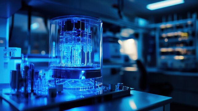 Futuristic Quantum Computer Glowing in Dark Laboratory