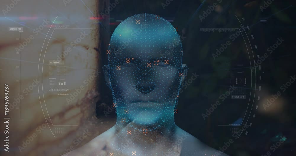 Poster face scanning digitally with abstract data visualization elements in background