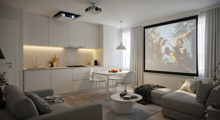 Fototapeta premium Modern Studio Apartment With a Retractable Projector and Screen Setup