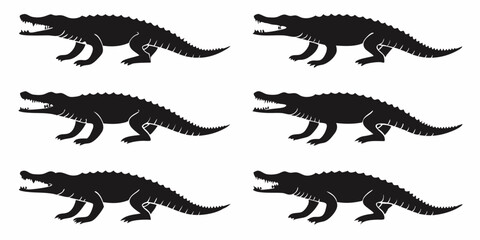 Naklejka premium Black Crocodile Silhouettes Vector Reptile Animal Graphic on White Background
