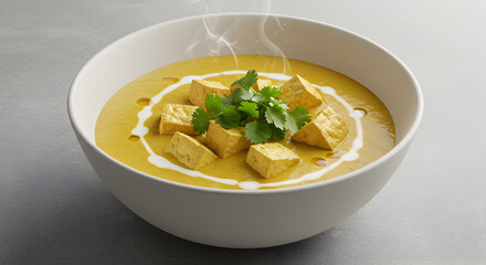 Bowl Of Creamy Coconut Curry Soup With Tofu And Cilantro Garnish