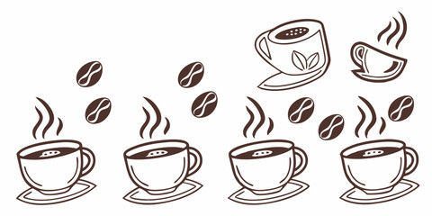 Delicious Hot Coffee Cups with Steam Coffee Beans Hand Drawn Line Art Vector Illustration for Cafe Restaurant Menu Website Design Breakfast Beverage