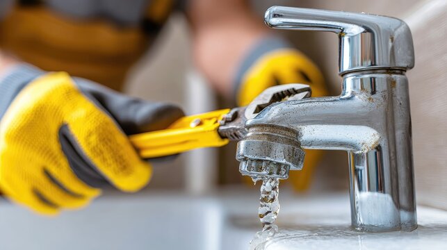 Plumber in overalls works on kitchen sink pipe, using rubber pliers and black gloves for repairs at home