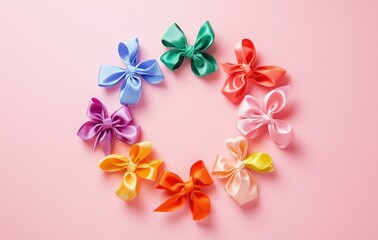 Colorful Satin Bows Arranged in Circle on Pink Background Top View