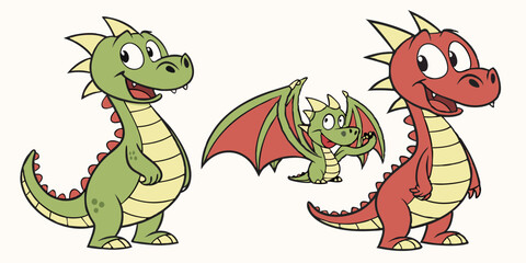 Obraz premium Cute Cartoon Dragons Vector Art Happy Smiling Green and Red Dragons with Baby Dragon