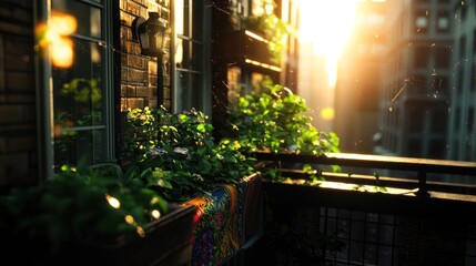 Naklejka premium City balcony sunset plants flowers
