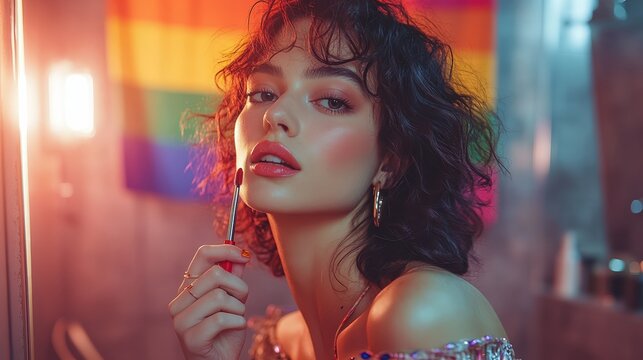  Trans person applies bold lipstick with confident gaze, warm-lit bathroom, rainbow flag in background, scattered makeup tools show powerful self-expression