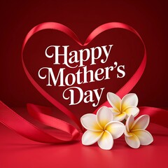 Happy mothers day text with red ribbon heart shape and white tropical flowers on elegant red background art
