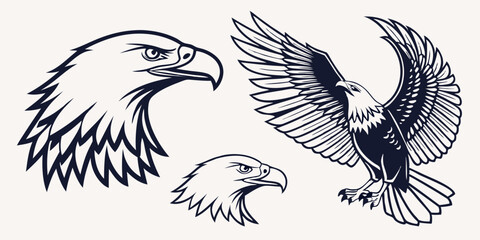 Eagle Heads and Flying Eagle Vector Illustrations Black and White Tattoo Style Line Art