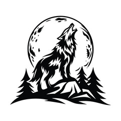 Silhouette Wolf Howling at Moon, Forest Trees, Night Sky, Stars, Nature Scene, Circle
