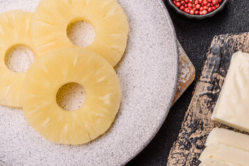 Tropical fruit pineapple in rings or slices tinned sweet