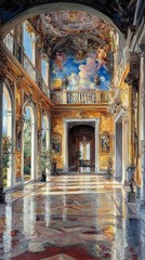 Fototapeta premium Ornate interior with columns arches and ceiling mural in an old building.