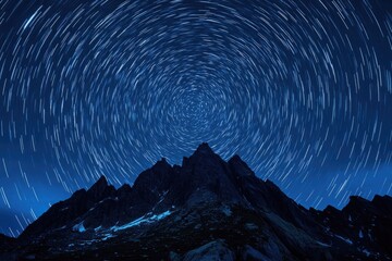 Fototapeta premium Star trails swirl above a dark mountain range in a clear night sky creating a vortex effect