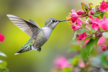 Naklejka premium A hummingbird feeding on nectar from pink flowers with green foliage in a natural setting outdoors
