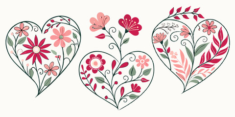 Decorative Botanical Floral Heart Vector Illustrations - Pink Red Green Flower Hearts for Valentine's Day