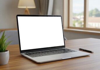 Fototapeta premium Laptop with blank screen on wooden desk near window providing natural light for work or study session setup