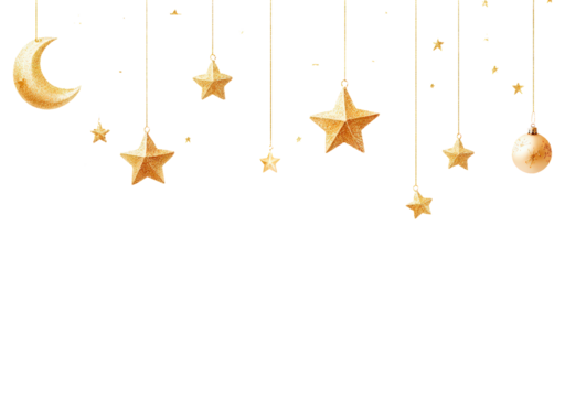 Decorative golden stars and moon hanging isolated on transparent background