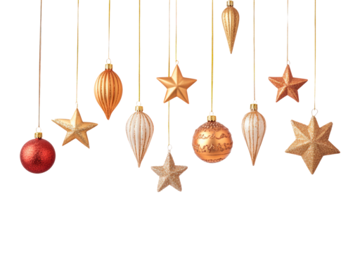 Decorative golden stars and moon hanging isolated on transparent background