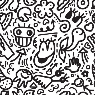 Line art seamless pattern, modern pattern, black and white pattern, doodle art, doodle pattern. Funy pattern for kids and teenagers