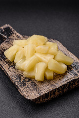 Tropical sweet tinned pineapple fruit sliced into slices