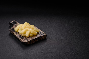 Tropical sweet tinned pineapple fruit sliced into slices