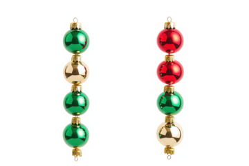 Ornaments stacked in two vertical rows with green red and gold